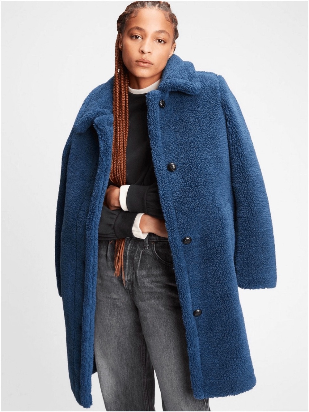NWT GAP Blue Sherpa Teddy Bear Long Overcoat Trench Jacket Oversized Size Small